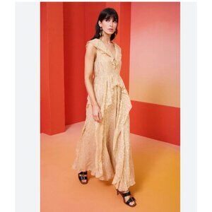 Marie Oliver Jayda Dress Womens 6 Taupe Gold Maxi Ruffle Silk Metallic New